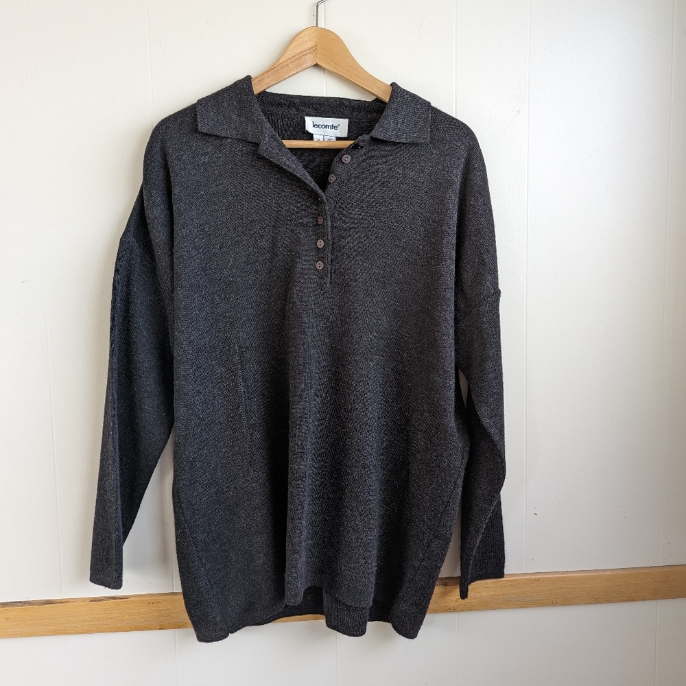 Lecomte | Vintage Wool Blend Collared Sweater Medium Made in Italy Knit Gray